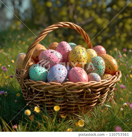 baskets of colorful eggs in baskets on grass in summer 110753561