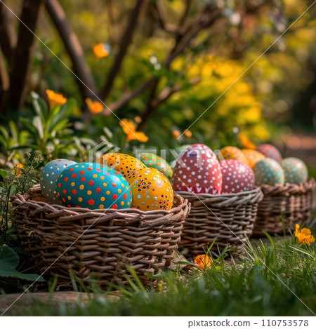 decorated easter eggs in several baskets in a garden 110753578