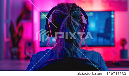 a person looking into a computer from a chair wearing headphones 110753580