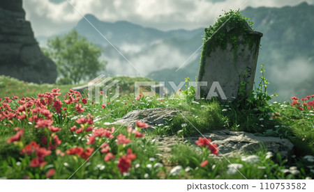 a gravestone with the word rip on it on a hill 110753582
