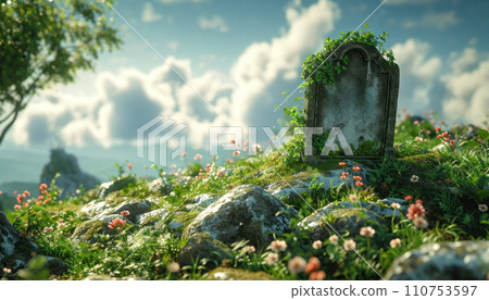 a gravestone with the word rip on it on a hill a gravestone with the word rip on it on a hill 110753597