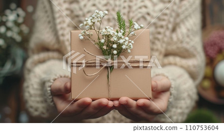 a woman's hands holding a brown box with flowers in it 110753604