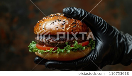 a hand holds a black glove over a hamburger a hand holds a black glove over a hamburger 110753618