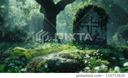 a grave with a rip written in it by a tree, a grave with a rip written in it by a tree, 110753620