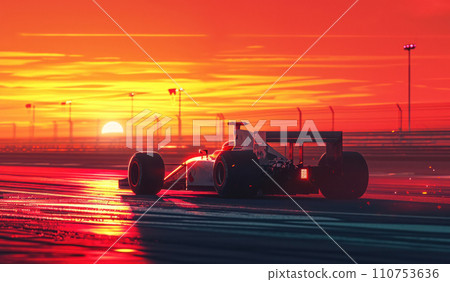 a racing car driving in the shadow of the race course at sunset a racing car driving in the shadow of the race course at sunset 110753636