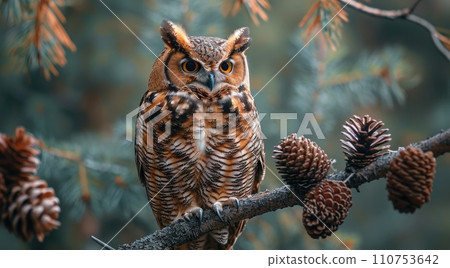 an owl is perched on a branch with pine cones an owl is perched on a branch with pine cones 110753642