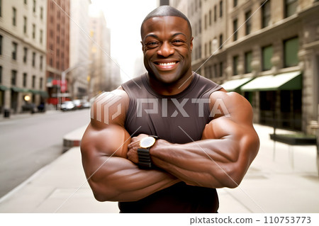 AI-generated content. Happy and smiling African American police officer. Neural network AI generated art 110753773