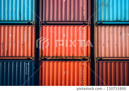 AI-generated content. Lots of cargo freight containers in the sea port. Neural network AI generated art 110753800