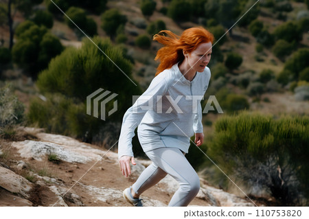AI-generated content. The red-haired girl travels in the mountains. Neural network AI generated art 110753820
