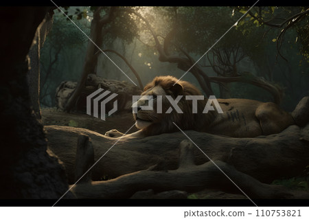 AI-generated content. Lion in nature in the reserve. Neural network AI generated art 110753821