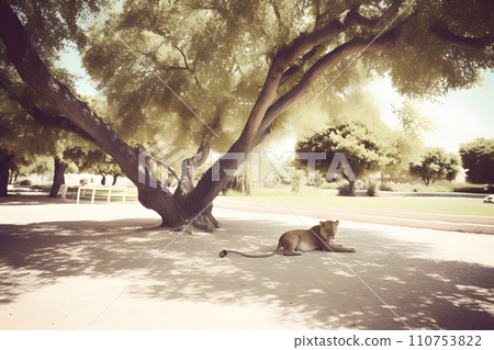 AI-generated content. Lion in nature in the reserve. Neural network AI generated art 110753822