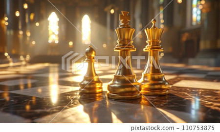 two golden chess pieces seated two golden chess pieces seated 110753875