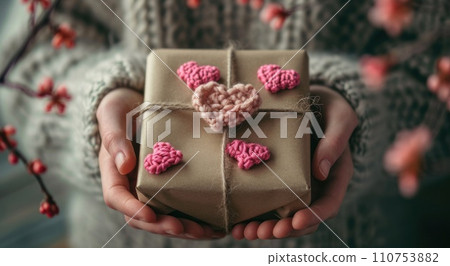 the person wraps a present with kraft paper and pink hearts the person wraps a present with kraft paper and pink hearts 110753882