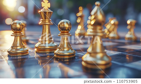 some golden chess pieces are on the board 110753905