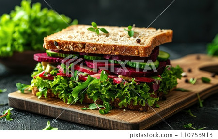 a sandwich is put on a wooden board with beets, green vegetables, lettuce a sandwich is put on a wooden board with beets, green vegetables, lettuce 110753913