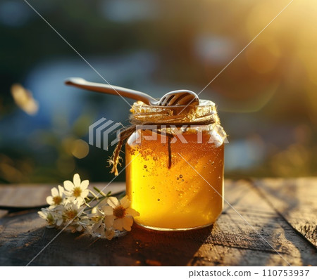 jar of honey with a spoon stuck in jar of honey with a spoon stuck in 110753937