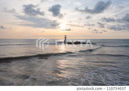 Aerial top view of lighthouse tower, Khao Lak with seawater, Andaman sea in Phang Nga Bay island in summer season, Thailand. Tourist attraction. 110754037