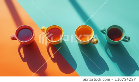 four cups of tea arranged in an array on a turquoise table four cups of tea arranged in an array on a turquoise table 110754257