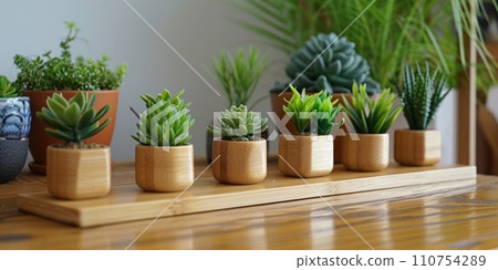 the small wooden plants are on a wooden shelf the small wooden plants are on a wooden shelf 110754289