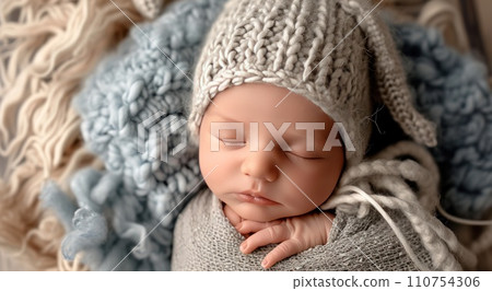 newborn baby boy sleeping in blanket with bears 110754306