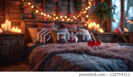 valentine's day, bed with hearts on pillows, candle lights 110754311