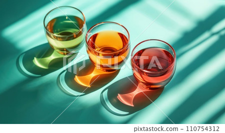 three glasses of tea on a turquoise surface 110754312