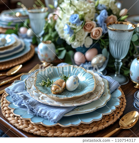 easter table setting with gold, blue, and green 110754317