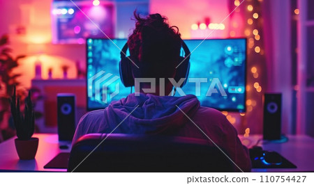 man playing video games in front of computer man playing video games in front of computer 110754427