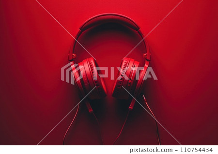 red headphones laying on red background 110754434
