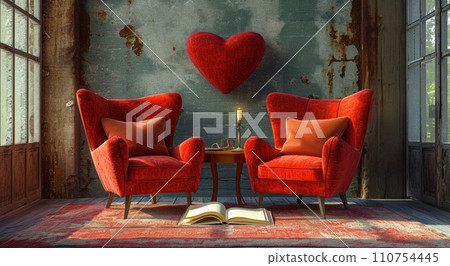two chairs with an open book on them and a red heart pillow 110754445