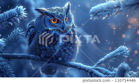 the owl is perched on a branch of pine trees 110754446