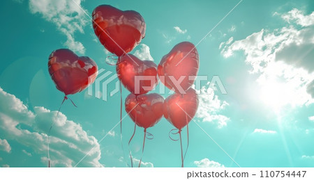 red heart shape balloons flying in the sky 110754447