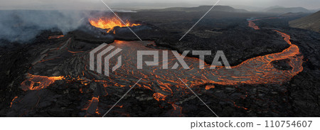 Beautiful aerial panoramatic view of active volcano, Litli - Hrutur, Iceland 2023 110754607