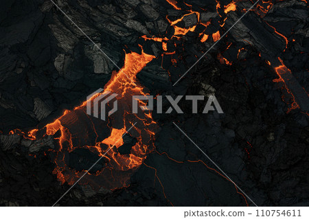 Aerial view of the texture of a solidifying lava field, close-up 110754611
