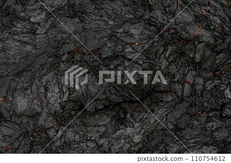 Aerial view of the texture of a solidifying lava field, close-up Aerial view of the texture of a solidifying lava field, close-up 110754612