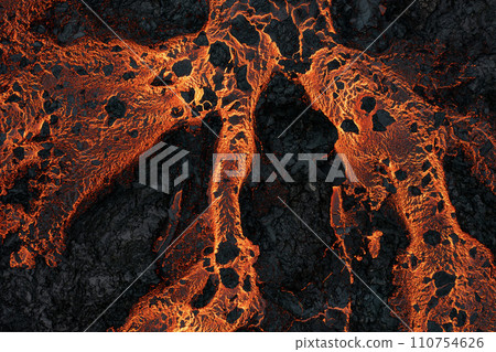 Aerial view of the texture of a solidifying lava field, close-up 110754626