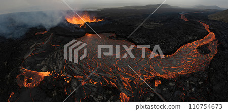 Beautiful aerial panoramatic view of active volcano, Litli - Hrutur, Iceland 2023 110754673