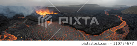 Beautiful aerial panoramatic view of active volcano, Litli - Hrutur, Iceland 2023 110754677