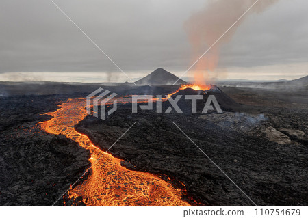 Beautiful aerial panoramatic view of active volcano, Litli - Hrutur, Iceland 2023 Beautiful aerial panoramatic view of active volcano, Litli - Hrutur, Iceland 2023 110754679