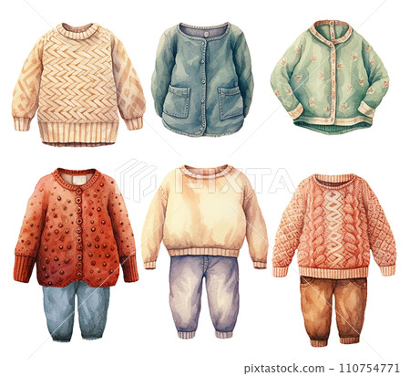watercolor drawing, set of cute children's suits, autumn clothes, casual style watercolor drawing, set of cute children's suits, autumn clothes, casual style 110754771