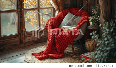 chair with red blanket and book chair with red blanket and book 110754893