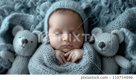 newborn baby boy sleeping in blanket with bears newborn baby boy sleeping in blanket with bears 110754896