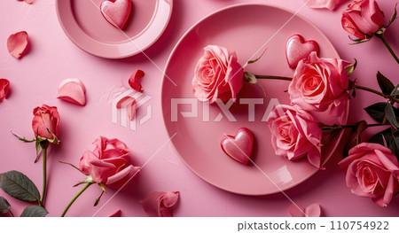 pink roses and heart plates on pink table 110754922