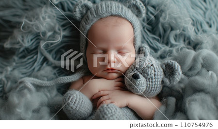 newborn baby boy sleeping in blanket with bears newborn baby boy sleeping in blanket with bears 110754976