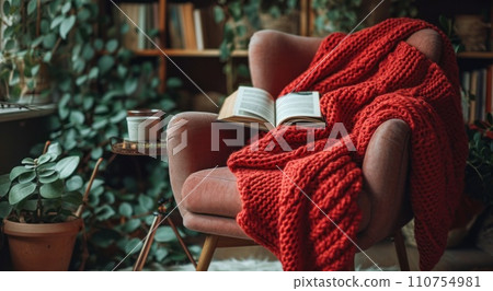 chair with red blanket and book chair with red blanket and book 110754981