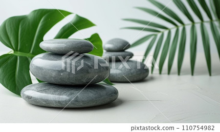 relax with stones on white background with tropical leaf relax with stones on white background with tropical leaf 110754982