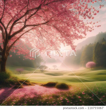 Cherry blossom trees illuminated by the morning sun and the morning mist Cherry blossom trees illuminated by the morning sun and the morning mist 110755067