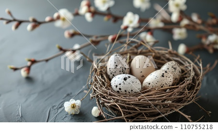 AI-generated content. Nest with Speckled Easter Eggs and Willow Branches 110755218