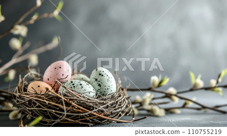 AI-generated content. Nest with Speckled Easter Eggs and Willow Branches 110755219
