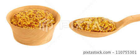 french mustard in wooden spoon and bowl isolated on white background with full depth of field french mustard in wooden spoon and bowl isolated on white background with full depth of field 110755301
